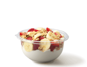 strawberry & banana granola bowl parfait with greek yogurt