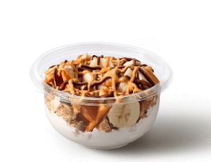 greek yogurt pb + banana waffle bowl with chocolate hazelnut